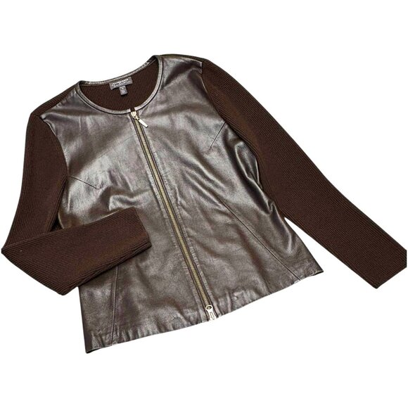 Retro Classiques Entier Brown Leather Ribbed Merino Wool Cardigan Jacket - Picture 7 of 7